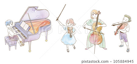 Watercolor analog style piano violin cello viola performance recital illustration Watercolor analog style piano violin cello viola performance recital illustration 105884945