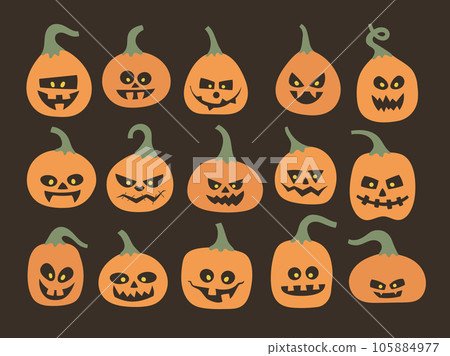 Set of creepy Halloween pumpkin candles with scary face. Decoration for chieldren party, event, card, banner, invitation. Set of creepy Halloween pumpkin candles with scary face. Decoration for chieldren party, event, card, banner, invitation. 105884977