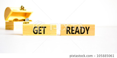 Get ready symbol. Concept words Get ready on wooden blocks on a beautiful white table white background. Wooden chest with coins. Business, support, motivation and get ready concept. Copy space. Get ready symbol. Concept words Get ready on wooden blocks on a beautiful white table white background. Wooden chest with coins. Business, support, motivation and get ready concept. Copy space. 105885061