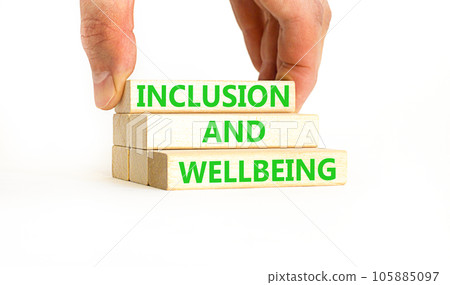 Inclusion and wellbeing symbol. Concept words Inclusion and wellbeing on wooden block. Beautiful white table white background. Doctor hand. Motivational inclusion and wellbeing concept. Copy space. Inclusion and wellbeing symbol. Concept words Inclusion and wellbeing on wooden block. Beautiful white table white background. Doctor hand. Motivational inclusion and wellbeing concept. Copy space. 105885097