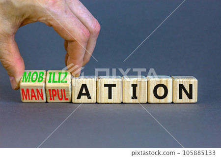 Mobilization or manipulation symbol. Concept words Mobilization Manipulation on wooden cubes. Beautiful grey background. Psychologist hand. Psychology mobilization manipulation concept. Copy space. Mobilization or manipulation symbol. Concept words Mobilization Manipulation on wooden cubes. Beautiful grey background. Psychologist hand. Psychology mobilization manipulation concept. Copy space. 105885133