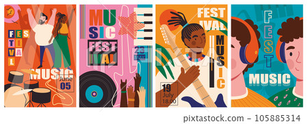 Music fest cover brochure set in trendy flat design. Poster templates with happy dancing people listening music, rock band performing on stage, summer festival with singers show. Vector illustration. 105885314