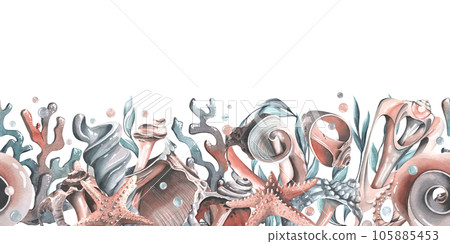 Seashells, starfishes, bubbles, algae and corals turquoise. Watercolor illustration hand drawn. Seamless border on a white background Seashells, starfishes, bubbles, algae and corals turquoise. Watercolor illustration hand drawn. Seamless border on a white background 105885453