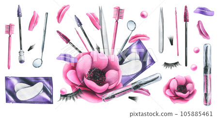 A set of cosmetics and tools for lamination and extension of eyelashes and eyebrows, brushes, patches, tweezers, mirror. Hand drawn watercolor illustration. Isolated objects on a white background. A set of cosmetics and tools for lamination and extension of eyelashes and eyebrows, brushes, patches, tweezers, mirror. Hand drawn watercolor illustration. Isolated objects on a white background. 105885461