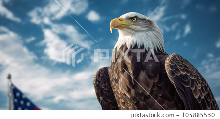An iconic American eagle perched next to the stars and stripes of the American flag - Generative AI 105885530