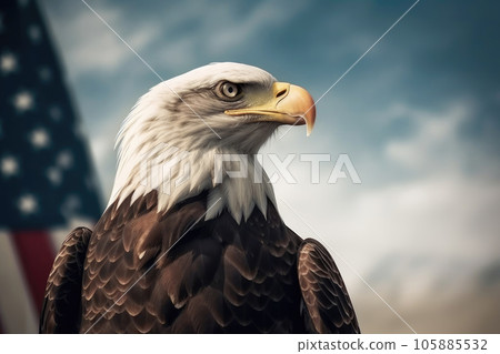 Proud eagle standing tall beside the iconic American flag - Generative AI 105885532