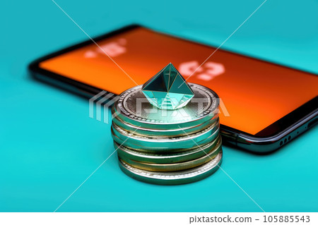Ethereum coins next to a smartphone - Generative AI 105885543
