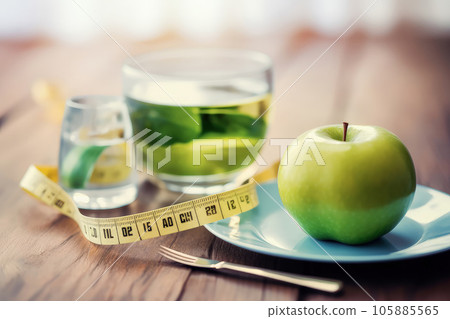Healthy food. Green apple, a glass of water and a measuring tape on the table close-up, lettuce leaf salad. Diet, weight loss, healthy eating concept. Generative AI 105885565