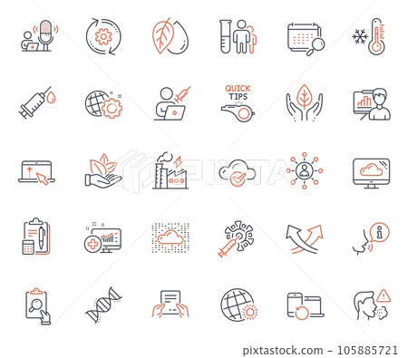 Science icons set. Included icon as Inspect, Calendar and Tutorials web elements. Cough, Accounting, Seo gear icons. Receive file, Recovery devices, Cloud storage web signs. Vector 105885721