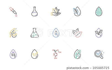 No artificial colors, organic leaf line icons. Dermatologically tested, Paraben chemical formula icons. Hypoallergenic tested, Neutral ph. Linear set. Bicolor outline web elements. Vector No artificial colors, organic leaf line icons. Dermatologically tested, Paraben chemical formula icons. Hypoallergenic tested, Neutral ph. Linear set. Bicolor outline web elements. Vector 105885725