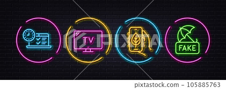 Online test, Tv and Ecology app minimal line icons. Neon laser 3d lights. Fake news icons. For web, application, printing. Examination, Television, Smartphone with leaf. Umbrella secure. Vector 105885763