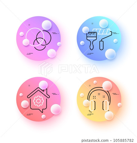 Euler diagram, Paint roller and Headphones minimal line icons. 3d spheres or balls buttons. Work home icons. For web, application, printing. Relationships chart, Painter brush, Earphones. Vector 105885782