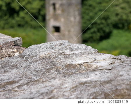 Old stone over ancient tower background, Blarney castle in Ireland, old ancient celtic fortress 105885849
