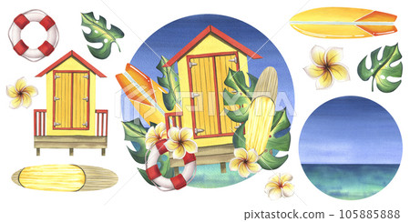 Summer set with yellow striped wooden beach cabin with surfboard, tropical leaves. Bright hand drawn watercolor illustration for stickers, posters, prints, tourism. Objects on a white background. 105885888