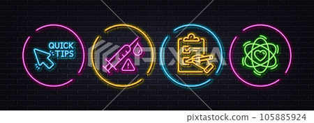 Checklist, Vaccine attention and Quick tips minimal line icons. Neon laser 3d lights. Atom icons. For web, application, printing. Questioning clipboard, Vaccination warning, Helpful tricks. Vector 105885924