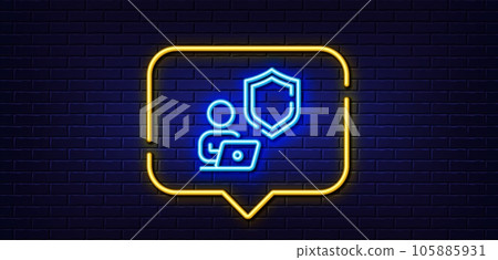 Neon light speech bubble. Shield line icon. Privacy secure sign. Safe defense symbol. Neon light background. Shield glow line. Brick wall banner. Vector Neon light speech bubble. Shield line icon. Privacy secure sign. Safe defense symbol. Neon light background. Shield glow line. Brick wall banner. Vector 105885931