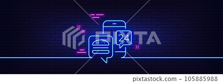 Neon light glow effect. Food delivery app line icon. Contactless meal order sign. Grocery phone application symbol. 3d line neon glow icon. Brick wall banner. Food app outline. Vector Neon light glow effect. Food delivery app line icon. Contactless meal order sign. Grocery phone application symbol. 3d line neon glow icon. Brick wall banner. Food app outline. Vector 105885988