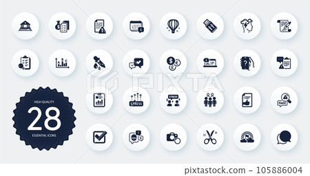 Set of Education icons, such as Lgbt, Approved document and Group people flat icons. Online documentation, Court building, Checkbox web elements. Ask question, Air balloon. Circle buttons. Vector 105886004