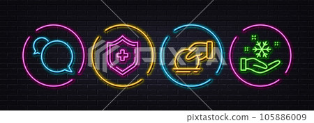 Messenger, Donate and Medical shield minimal line icons. Neon laser 3d lights. Freezing icons. For web, application, printing. Speech bubble, Money charity, Medicine protection. Vector 105886009