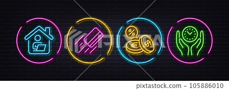 Work home, Credit card and Currency exchange minimal line icons. Neon laser 3d lights. Safe time icons. For web, application, printing. Freelance work, Bank payment, Euro and usd. Management. Vector 105886010