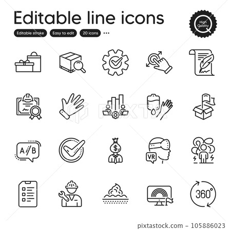 Set of Business outline icons. Contains icons as Search package, Gifts and Checklist elements. 360 degrees, Lgbt, Manager web signs. Blood, Repairman, Confirmed elements. Ab testing. Vector Set of Business outline icons. Contains icons as Search package, Gifts and Checklist elements. 360 degrees, Lgbt, Manager web signs. Blood, Repairman, Confirmed elements. Ab testing. Vector 105886023