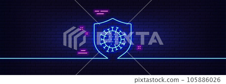 Neon light glow effect. Coronavirus protection line icon. Covid virus sign. Infection protect symbol. 3d line neon glow icon. Brick wall banner. Coronavirus outline. Vector Neon light glow effect. Coronavirus protection line icon. Covid virus sign. Infection protect symbol. 3d line neon glow icon. Brick wall banner. Coronavirus outline. Vector 105886026