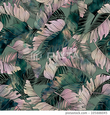 Tropical leaf seamless pattern. Colorful vivid print with beautiful palm jungle leaves. Repeated luxury design for packaging, cosmetic, fashion, textile, wallpaper. Realistic high quality illustration 105886045