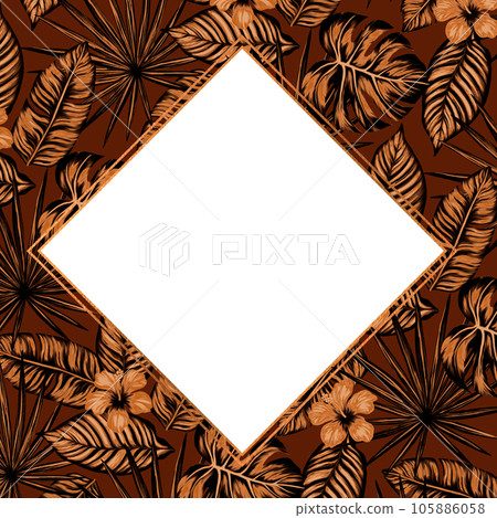 Square template for text with tropical palm monstera leaves, flowers. Frame or border with tropic motifs. Illustration for romantic pretty wedding invitation, greeting card, cosmetic, label design. 105886058
