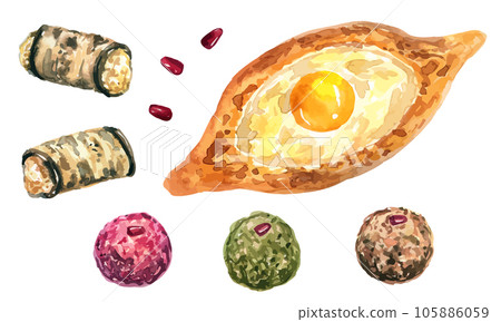 Vector Georgian food. Adjara khachapuri. Eggplant rolls with cheese and garlic. Vegetable balls with pomegranate. Hand drawn watercolor food illustration. Isolated on white background. 105886059