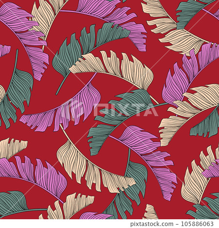 Tropical leaf seamless pattern. Colorful vivid print with beautiful palm jungle leaves. Repeated luxury design for packaging, cosmetic, fashion, textile, wallpaper. Realistic high quality illustration 105886063