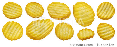 Pickled and marinated yellow zucchini slices isolated on white background 105886126