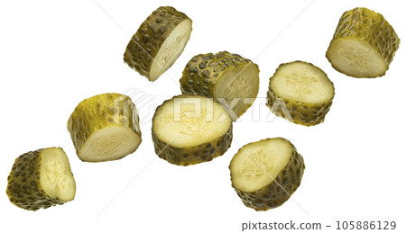 Pickled cucumber slices isolated on white background 105886129