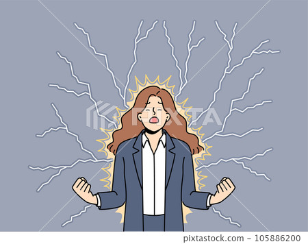 Young angry woman stands among lightning bolts and is nervous about problems affecting company 105886200