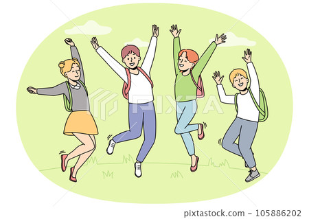 Smiling children with backpack jumping 105886202