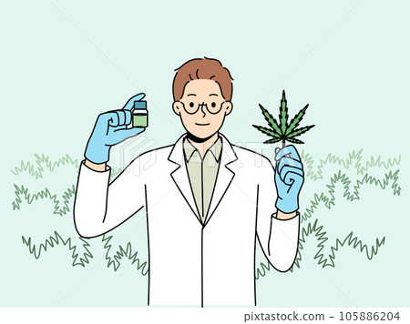 Man biologist with cannabis oil produced from narcotic plant, recommending legalization of marijuana Man biologist with cannabis oil produced from narcotic plant, recommending legalization of marijuana 105886204