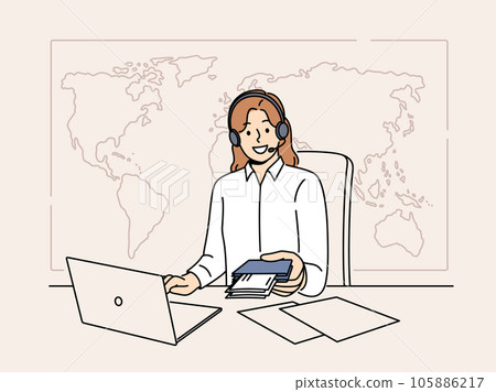 Woman manager of travel agency sits at office desk and holds passport with visas and plane tickets Woman manager of travel agency sits at office desk and holds passport with visas and plane tickets 105886217