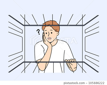 Hungry man sees empty refrigerator and is nervous about lack food due to poverty Hungry man sees empty refrigerator and is nervous about lack food due to poverty 105886222