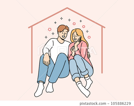 Happy couple sits in imaginary house dreaming of mortgage and buying own property Happy couple sits in imaginary house dreaming of mortgage and buying own property 105886229