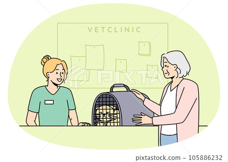 Old woman bring pet to vet clinic 105886232