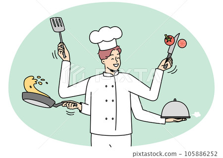 Smiling male chef multitasking at kitchen 105886252