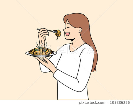 Woman stands with plate of spaghetti in hands and eats italian dish enjoying taste of pasta Woman stands with plate of spaghetti in hands and eats italian dish enjoying taste of pasta 105886256