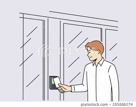 Business man uses key card for open electronic lock on door and gain access to office space 105886274