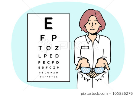 Female ophthalmologist give glasses to client 105886276