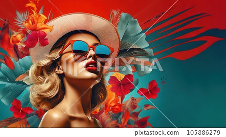 beautiful woman with sunglasses, Tropical photo collage, in the style of modernism-inspired portraiture, retro pop art inspirations  105886279