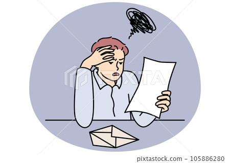 Stressed man reading bad news in letter Stressed man reading bad news in letter 105886280
