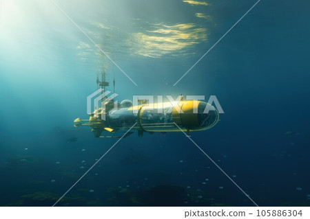 Small submarine under water with sun rays and beautiful seascape Small submarine under water with sun rays and beautiful seascape 105886304