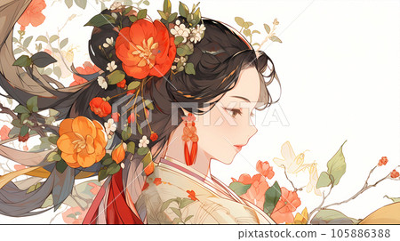 手绘卡通唯美的动漫中国古装少女插画 105886388