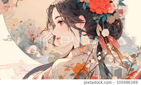 手绘卡通唯美的动漫中国古装少女插画 105886389