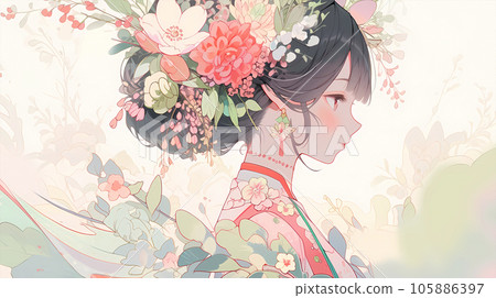 手绘卡通唯美的动漫中国古装少女插画 105886397