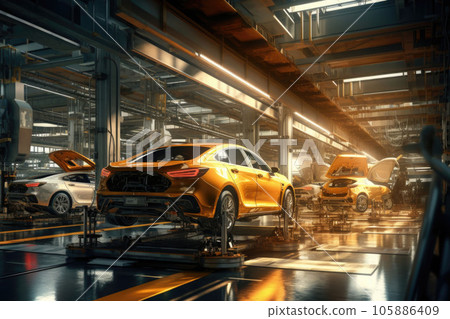 Modern technological car factory. Automated assembly line. Generative AI 105886409